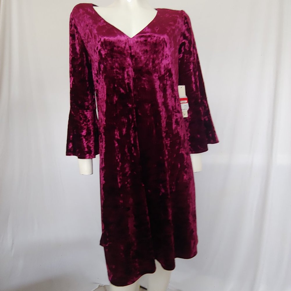 Eliza J V-Neck Burgundy Long Belle Sleeves Soft Velvet  Knee Length Dress 12